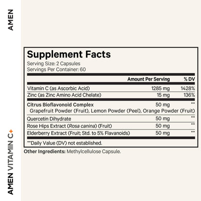 Amen Vitamin C+ with Zinc, Bioflavonoids, Quercetin, Rose Hips & Elderberry – Vegan, Non-GMO – 2 Months Supply (120 Capsules)