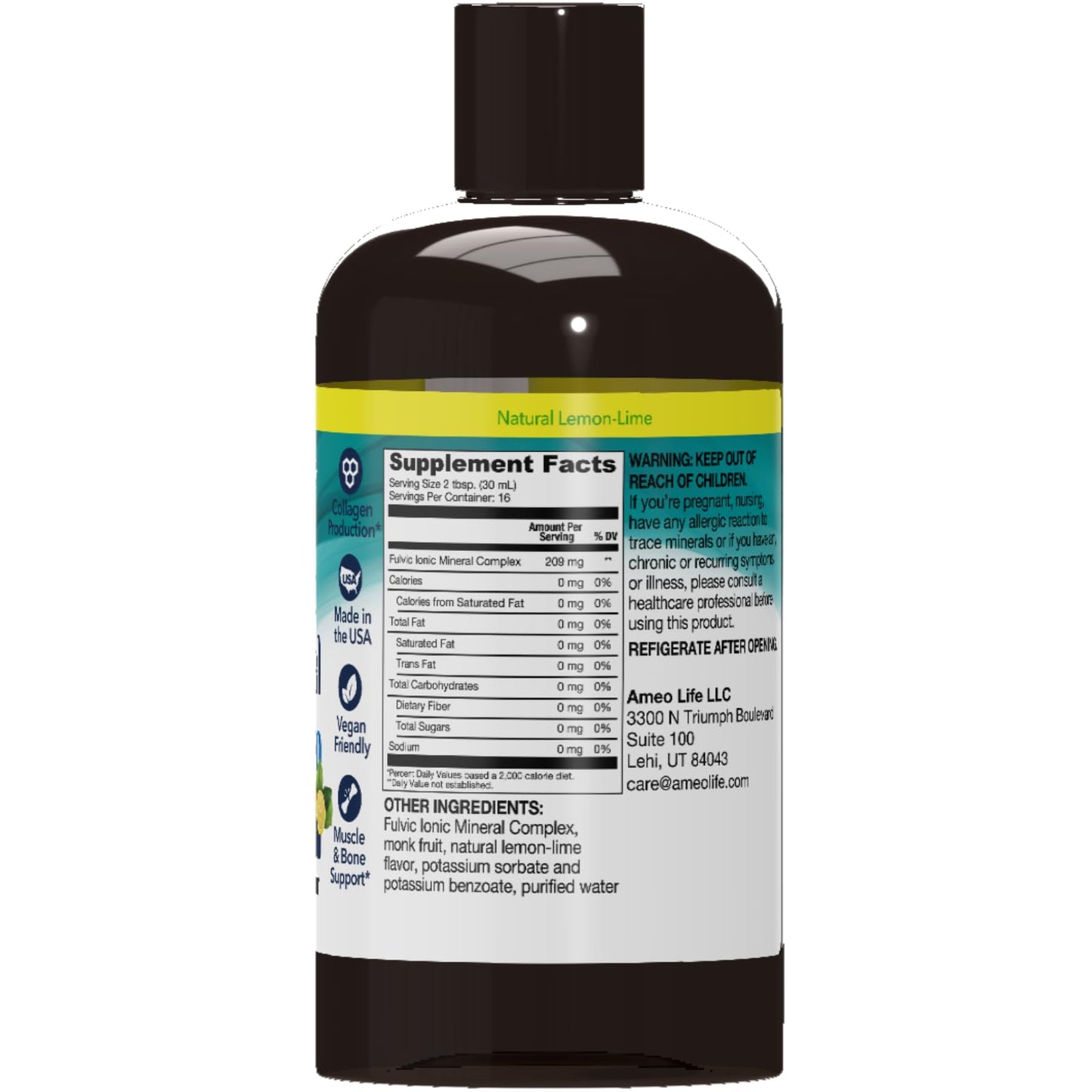 Ameo Life Fulvic Acid & Mineral Complex – Cellular Support, Detox, Skin Health | Vegan, Gluten-Free, Non-GMO | Made in USA | 16 OZ