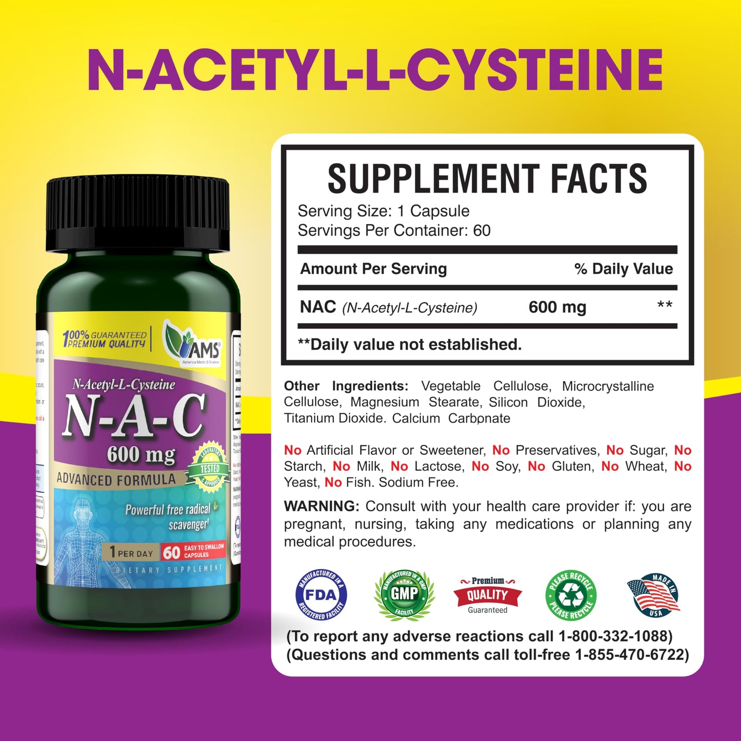 America Medic & Science NAC 600mg – NAC Supplement for Lung Health & Immune Support | 60 Capsules