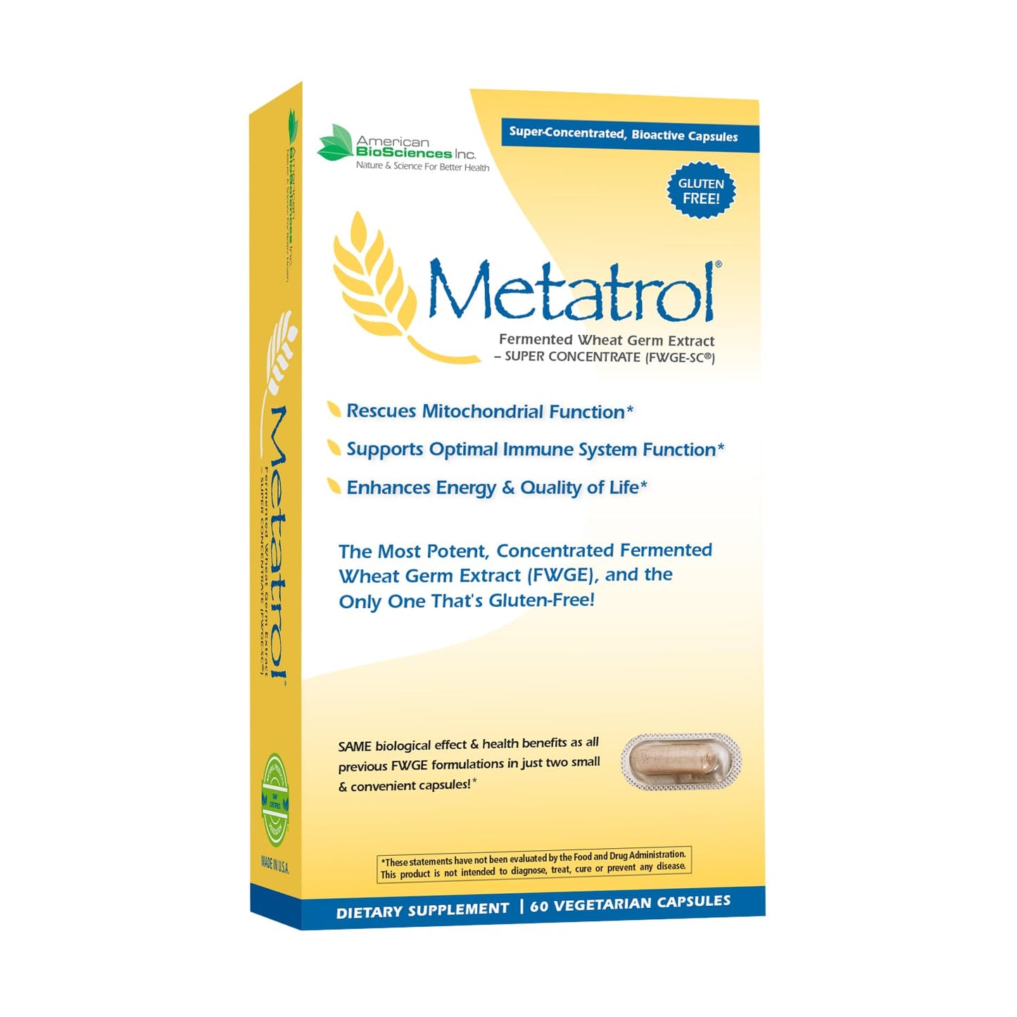 American BioSciences Metatrol Fermented Wheat Germ Extract – Immune & Mitochondria Support, Gluten Free, 60 Vegetarian Capsules, 41mg