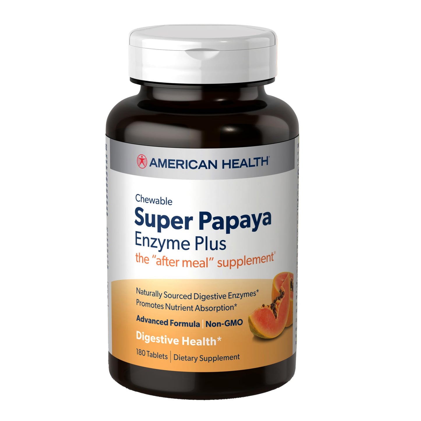 American Health Super Papaya Enzyme Plus – 180 Chewable Tablets | After-Meal Digestive Enzymes | Non-GMO | 60 Servings