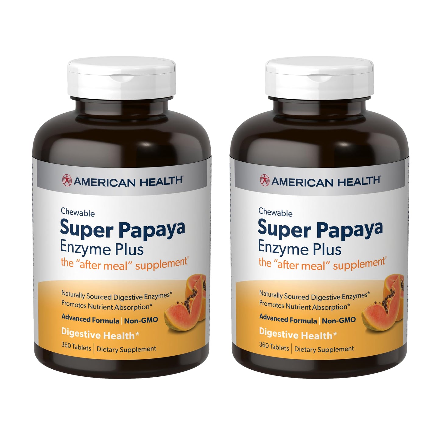 American Health Super Papaya Enzyme Plus - 360 Chewable Tablets, Pack of 2, After-Meal Digestive Support, Non-GMO, 240 Total Servings