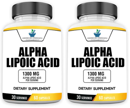American Standard Supplements Alpha Lipoic Acid 1300mg Per Serving - Vegan, Gluten Free, Non-GMO, 60 Capsules, 30 Servings (Pack of 2)