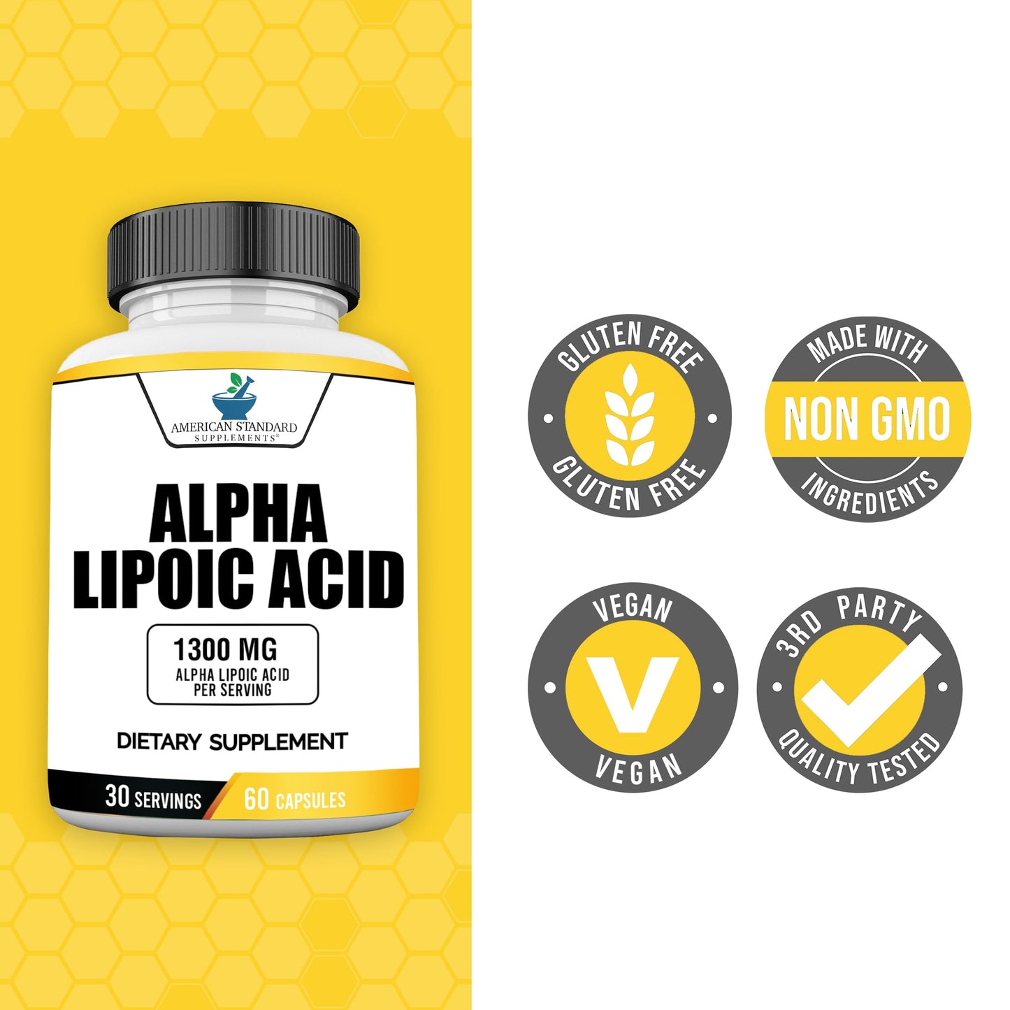 American Standard Supplements Alpha Lipoic Acid 1300mg Per Serving - Vegan, Gluten Free, Non-GMO, 60 Capsules, 30 Servings (Pack of 2)