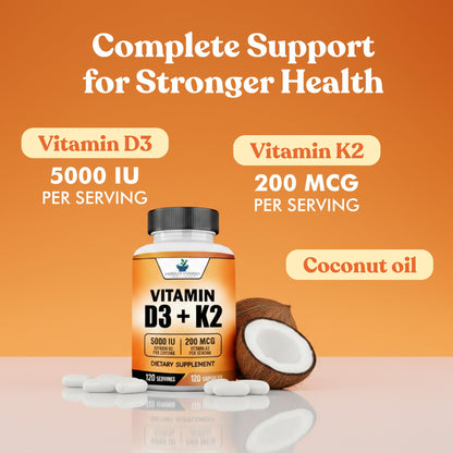 Vitamin D3 5000 IU + Vitamin K2 (MK-7) 200 mcg per Capsule | Gluten Free, Non-GMO | 120 Capsules | American Standard Supplements
