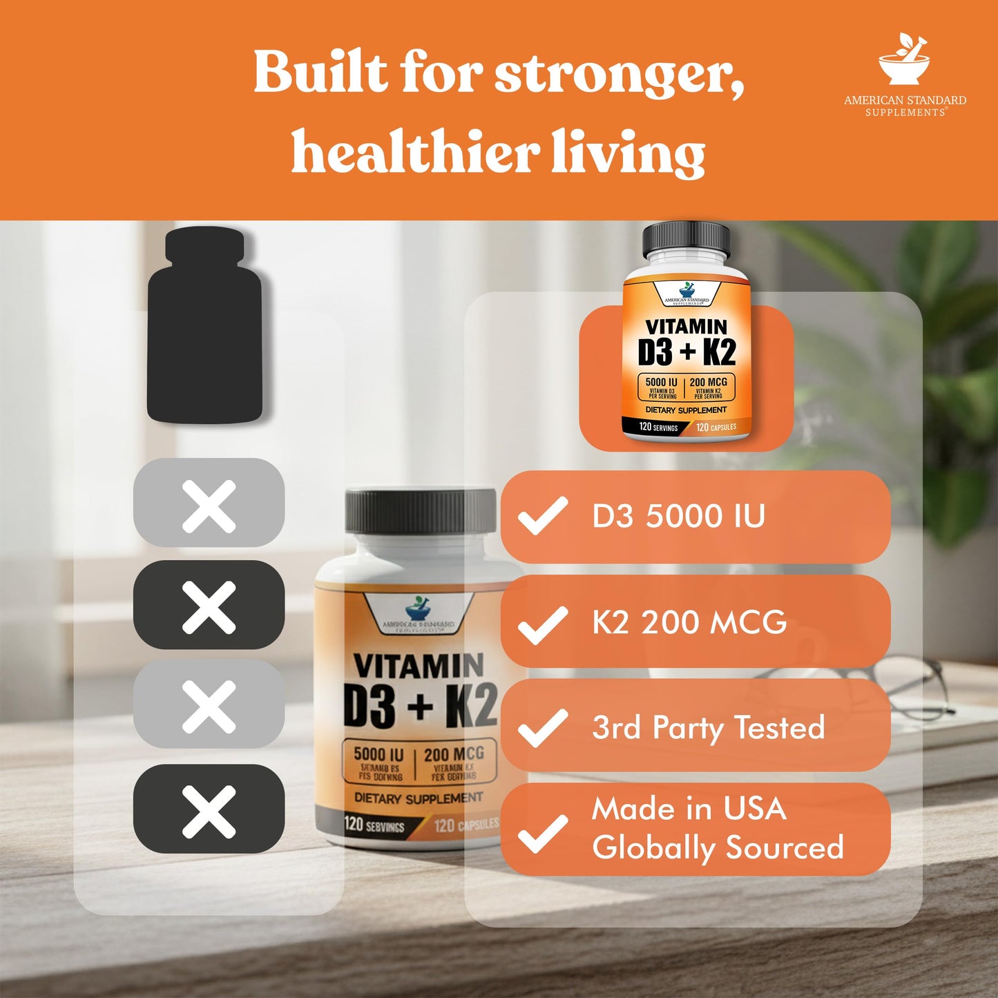 Vitamin D3 5000 IU + Vitamin K2 (MK-7) 200 mcg per Capsule | Gluten Free, Non-GMO | 120 Capsules | American Standard Supplements