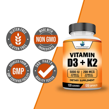 Vitamin D3 5000 IU + Vitamin K2 (MK-7) 200 mcg per Capsule | Gluten Free, Non-GMO | 120 Capsules | American Standard Supplements
