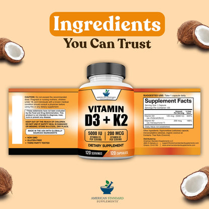 Vitamin D3 5000 IU + Vitamin K2 (MK-7) 200 mcg per Capsule | Gluten Free, Non-GMO | 120 Capsules | American Standard Supplements