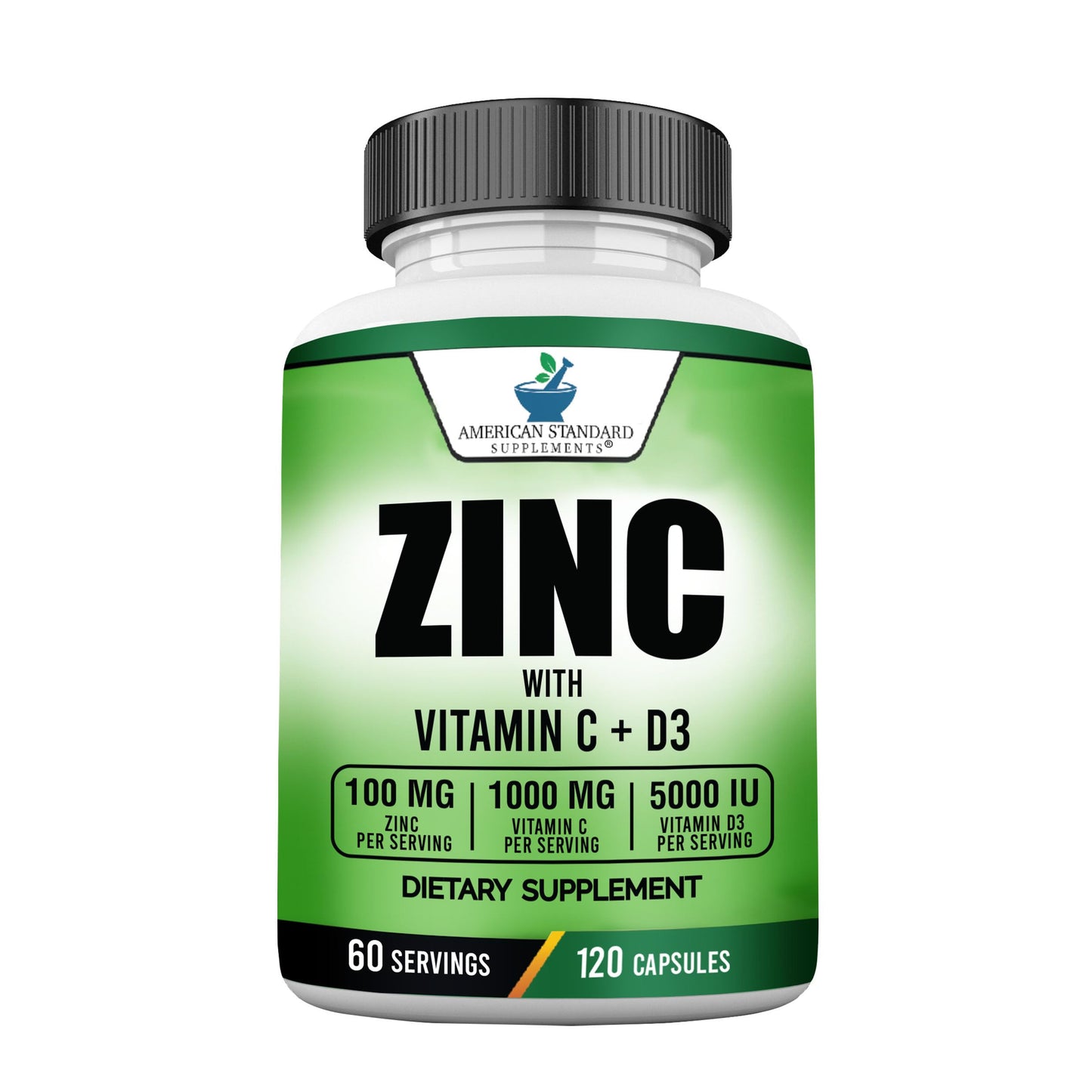 Zinc 100mg + Vitamin C 1000mg + Vitamin D3 5000 IU — 120 Gluten-Free Capsules (60 Servings) | American Standard
