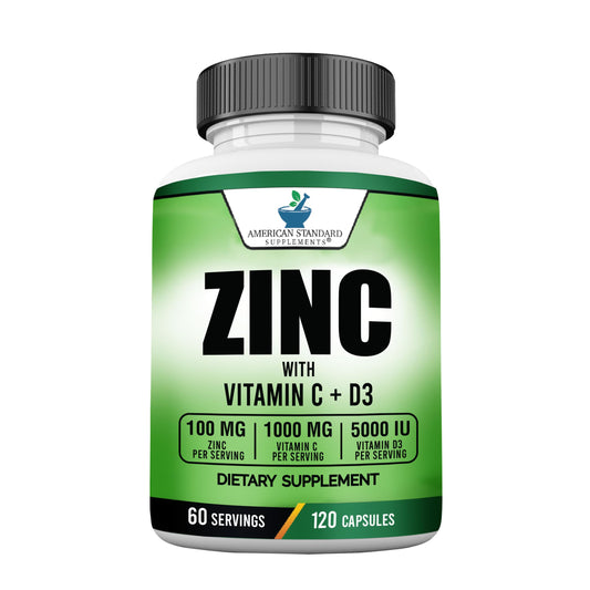 Zinc 100mg + Vitamin C 1000mg + Vitamin D3 5000 IU — 120 Gluten-Free Capsules (60 Servings) | American Standard BritishVita | Premium UK Vitamins & Wellness Supplements