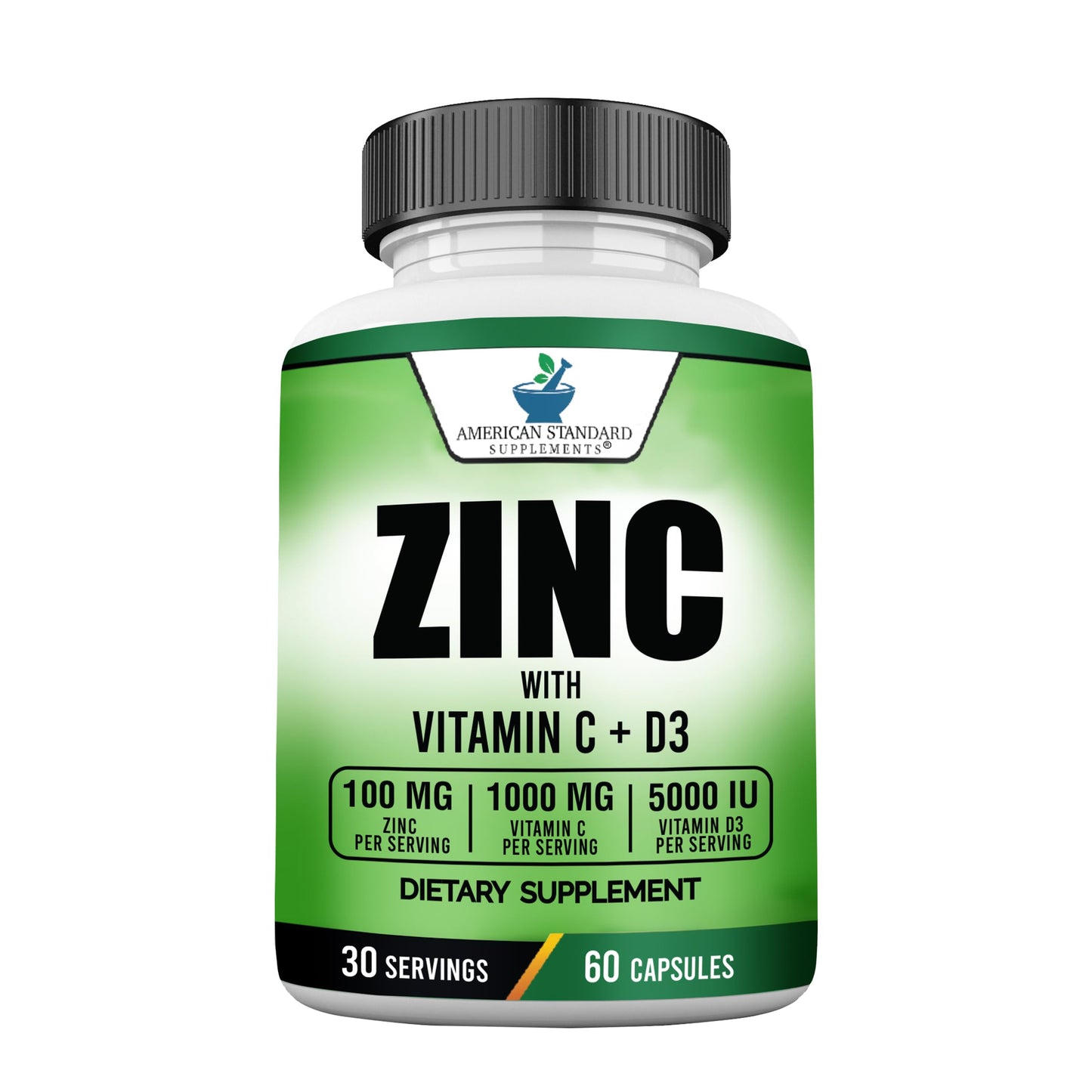 American Standard Zinc 100mg, Vitamin C 1000mg, D3 5000 IU – 60 Capsules (Gluten Free, Non-GMO)