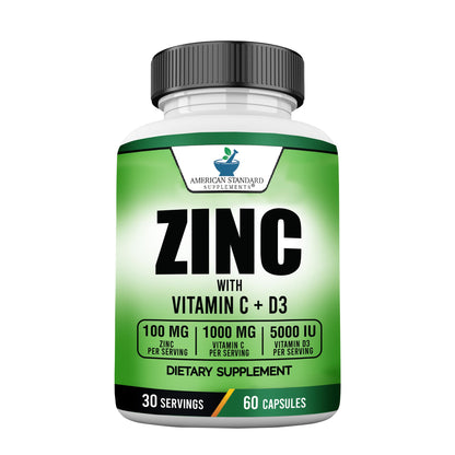 American Standard Zinc 100mg, Vitamin C 1000mg, D3 5000 IU – 60 Capsules (Gluten Free, Non-GMO)
