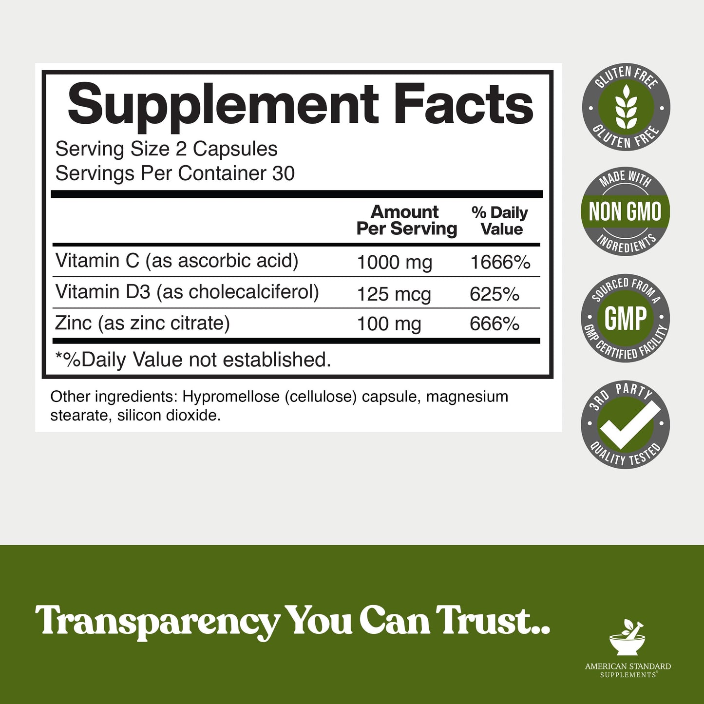 American Standard Zinc 100mg, Vitamin C 1000mg, D3 5000 IU – 60 Capsules (Gluten Free, Non-GMO)