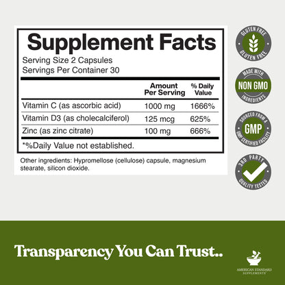 American Standard Zinc 100mg, Vitamin C 1000mg, D3 5000 IU – 60 Capsules (Gluten Free, Non-GMO)