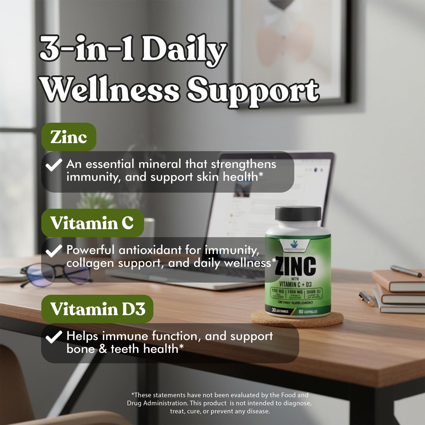 American Standard Zinc 100mg, Vitamin C 1000mg, D3 5000 IU – 60 Capsules (Gluten Free, Non-GMO)