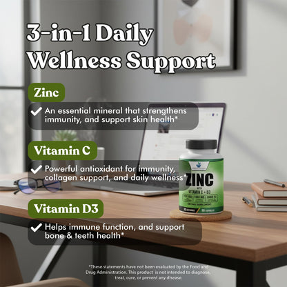 American Standard Zinc 100mg, Vitamin C 1000mg, D3 5000 IU – 60 Capsules (Gluten Free, Non-GMO)