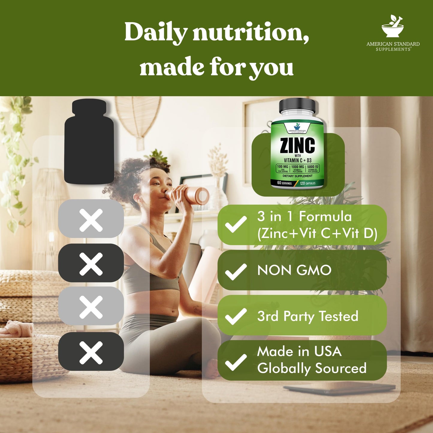 American Standard Zinc 100mg, Vitamin C 1000mg, D3 5000 IU – 60 Capsules (Gluten Free, Non-GMO)