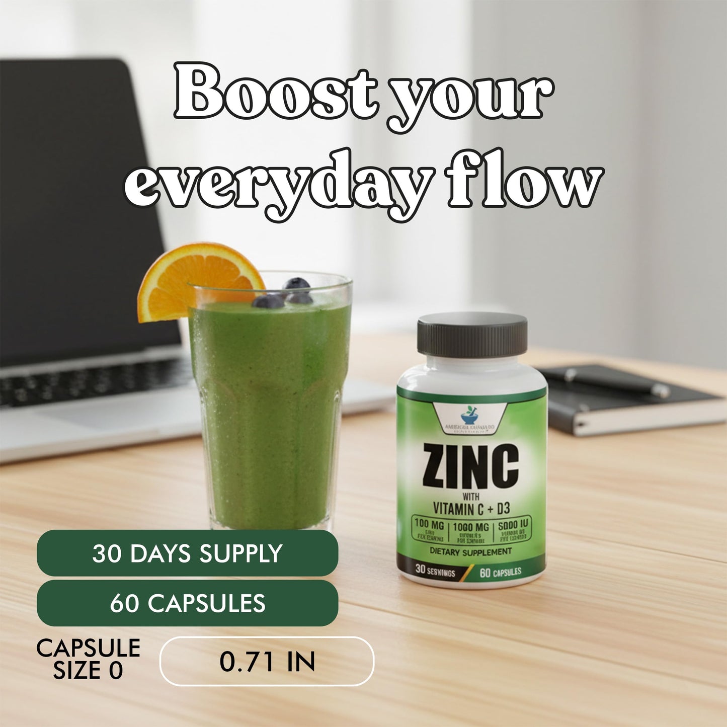 American Standard Zinc 100mg, Vitamin C 1000mg, D3 5000 IU – 60 Capsules (Gluten Free, Non-GMO)