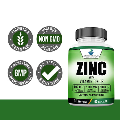 American Standard Zinc 100mg, Vitamin C 1000mg, D3 5000 IU – 60 Capsules (Gluten Free, Non-GMO)