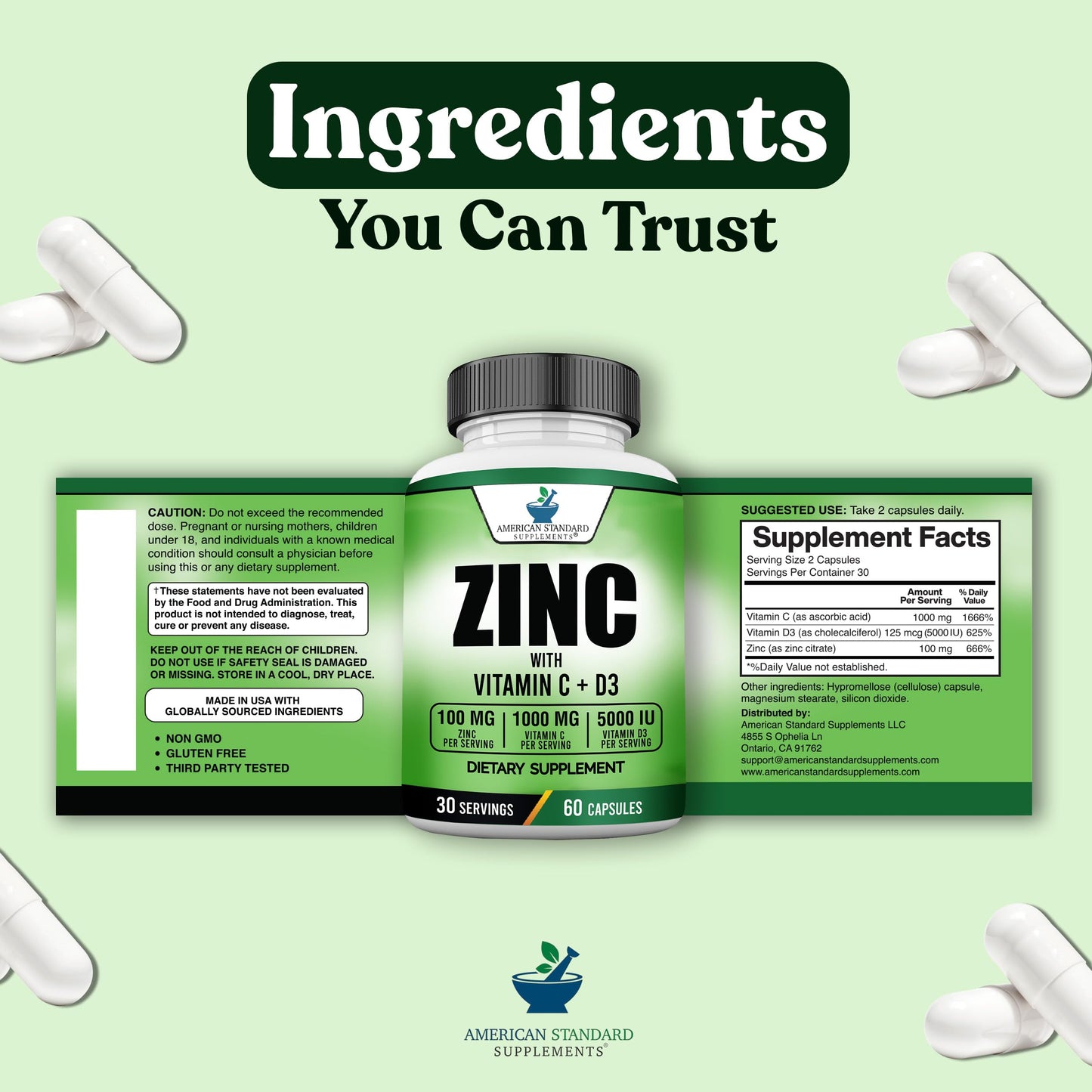 American Standard Zinc 100mg, Vitamin C 1000mg, D3 5000 IU – 60 Capsules (Gluten Free, Non-GMO)