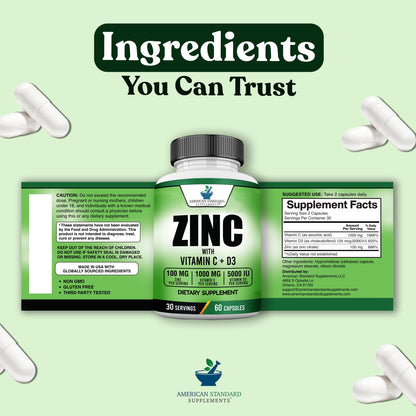 American Standard Zinc 100mg, Vitamin C 1000mg, D3 5000 IU – 60 Capsules (Gluten Free, Non-GMO)