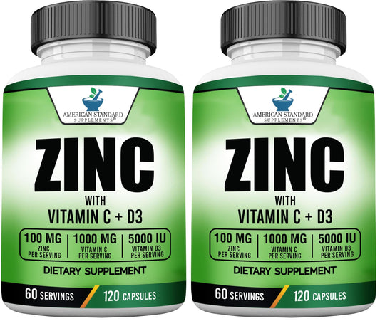 American Standard Zinc 100mg, Vitamin C 1000mg & Vitamin D3 5000 IU – 120 Capsules (Pack of 2) BritishVita | Premium UK Vitamins & Wellness Supplements