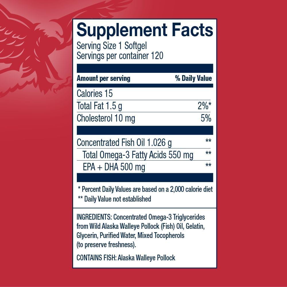 AmerOmega Triglyceride Omega-3 Fish Oil – Heart Health Support, Wild-Caught Alaskan Walleye Pollock, 120 Softgels