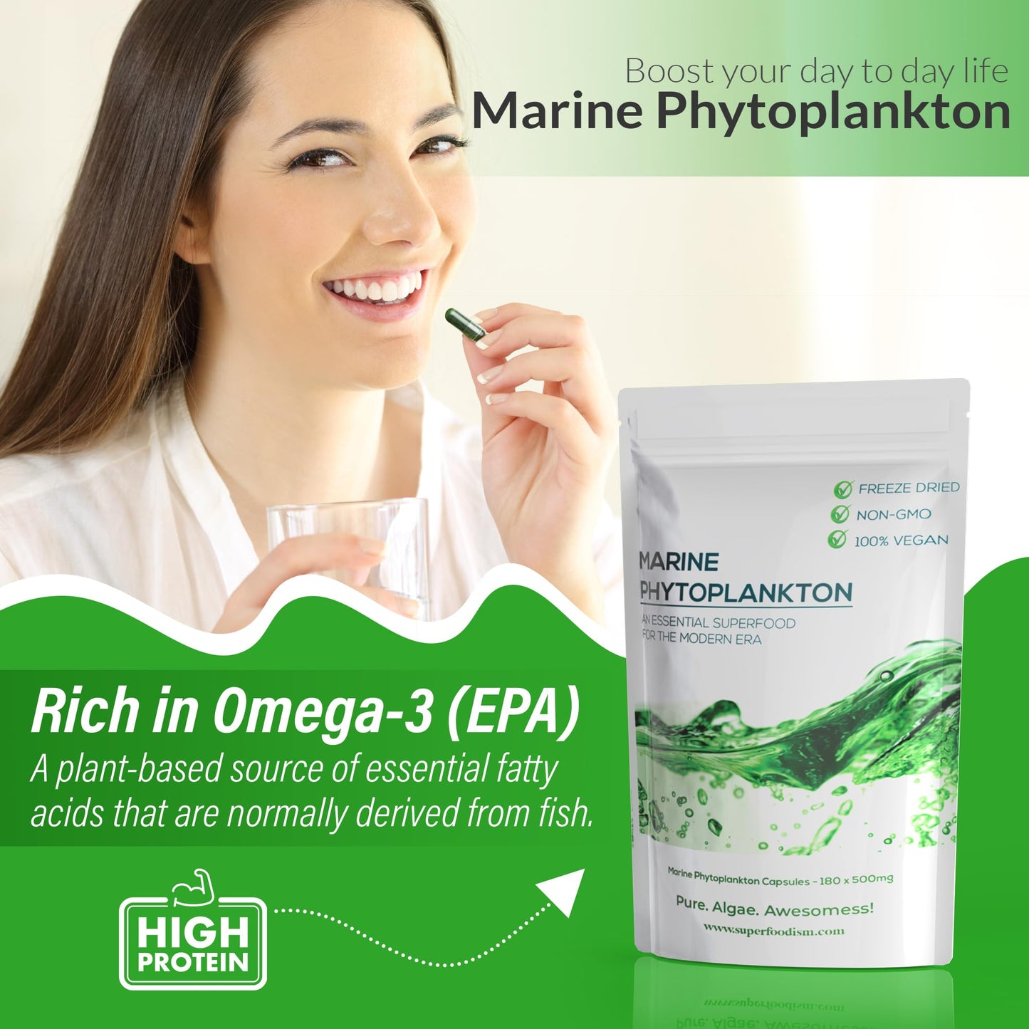 SuperFoodISM Marine Phytoplankton Supplement – Organic Vegan, Omega-3 EPA, 180 Capsules