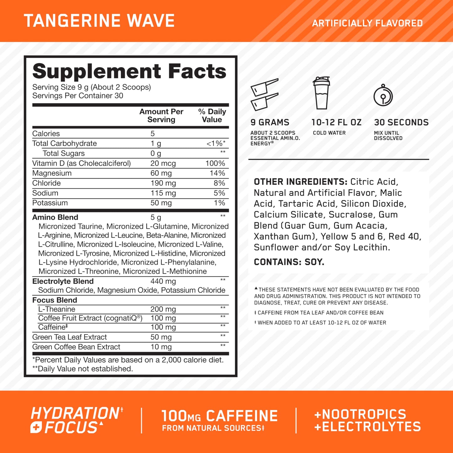 Optimum Nutrition Amino Energy + Electrolytes Powder – Tangerine Wave, 30 Servings