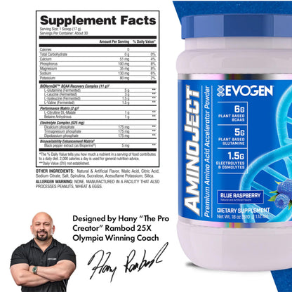 Evogen AminoJect - Premium BCAA Powder & EAA Recovery Formula with Electrolytes | Amino Acids Supplement for Muscle Growth, Hydration, & Recovery | Blue Raspberry | 30 Servings