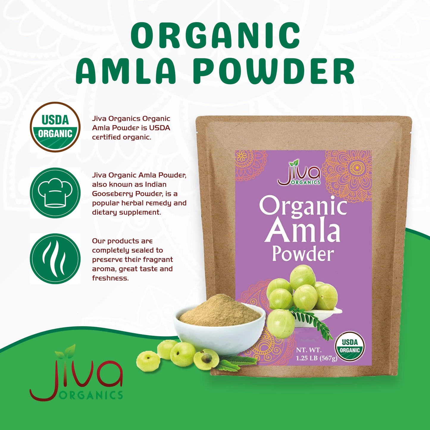 Organic Amla Powder 1.25 lb – Pure Amalaki, Lab Tested, Gluten Free | Jiva Organics