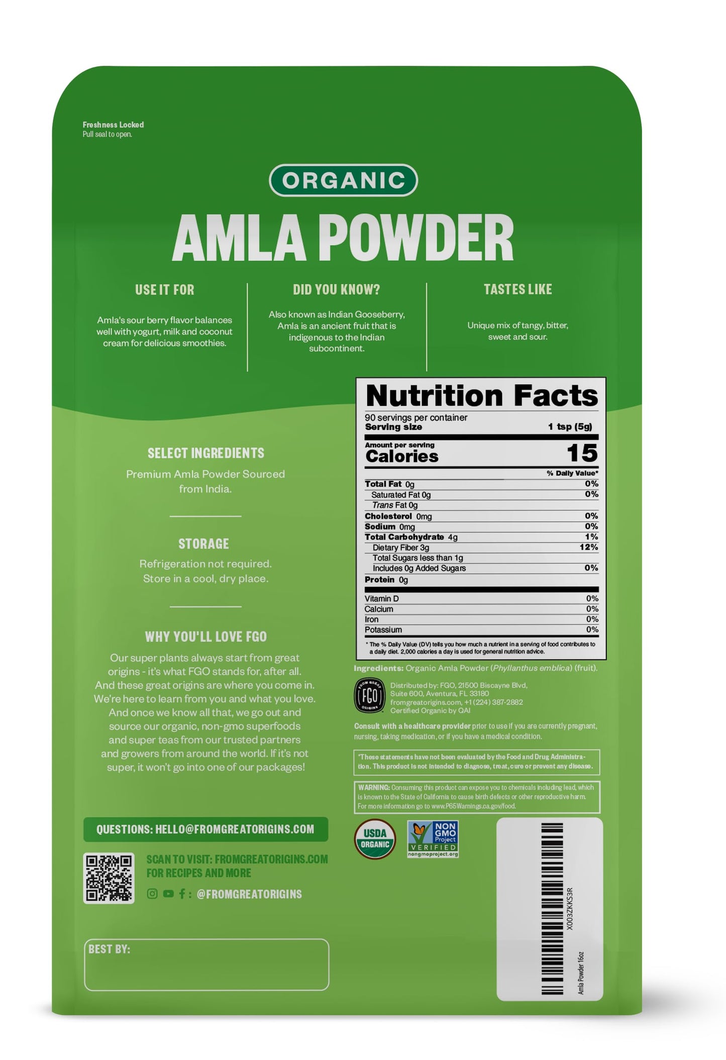 FGO Organic Amla Powder (Amalaki), 100% Raw from India, 16oz (Pack of 1)