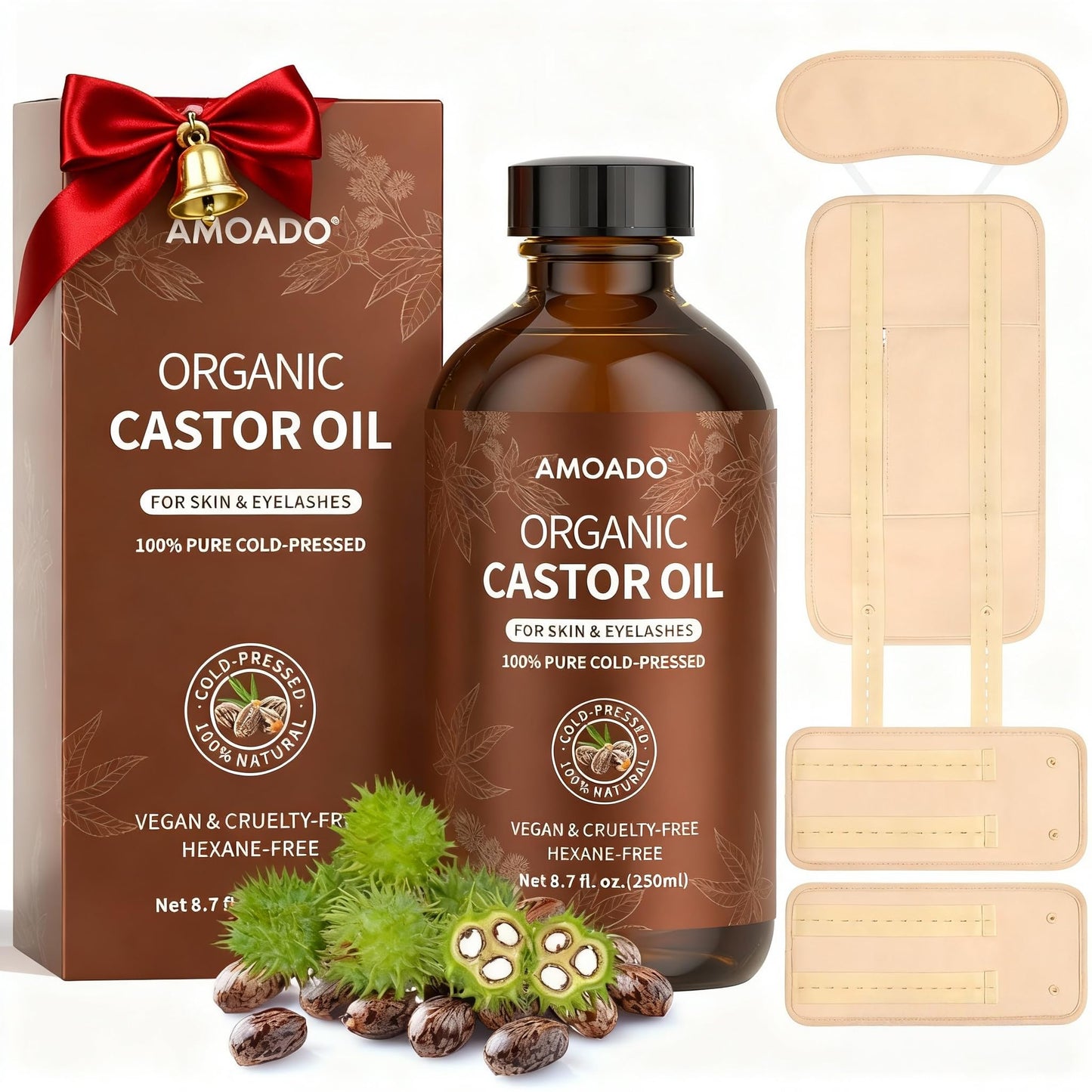 AMOADO Organic Castor Oil Pack Wrap Kit – Cold-Pressed Castor Oil (8.7 fl oz) in Amber Glass
