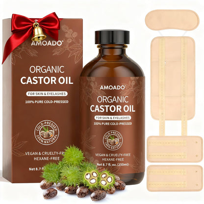 AMOADO Organic Castor Oil Pack Wrap Kit – Cold-Pressed Castor Oil (8.7 fl oz) in Amber Glass