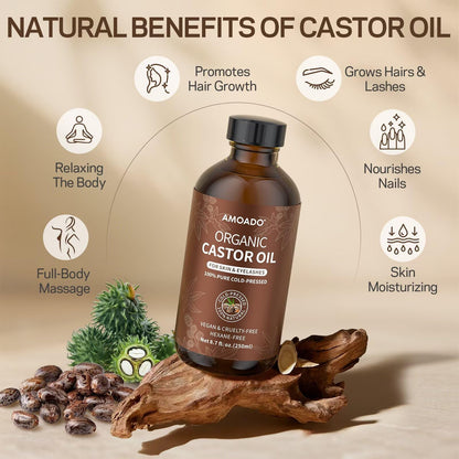 AMOADO Organic Castor Oil Pack Wrap Kit – Cold-Pressed Castor Oil (8.7 fl oz) in Amber Glass