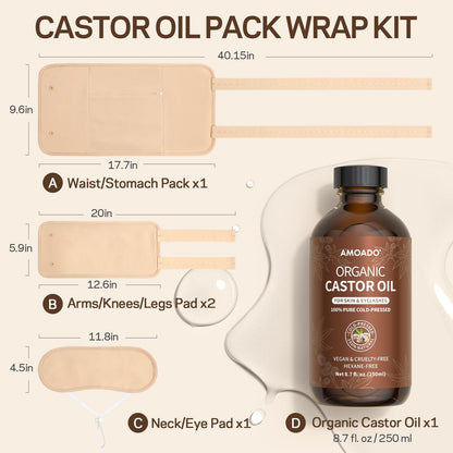 AMOADO Organic Castor Oil Pack Wrap Kit – Cold-Pressed Castor Oil (8.7 fl oz) in Amber Glass
