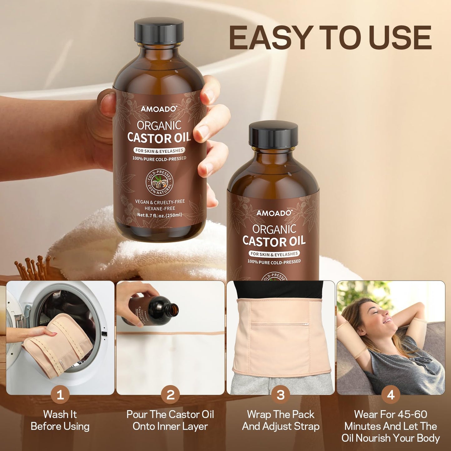 AMOADO Organic Castor Oil Pack Wrap Kit – Cold-Pressed Castor Oil (8.7 fl oz) in Amber Glass