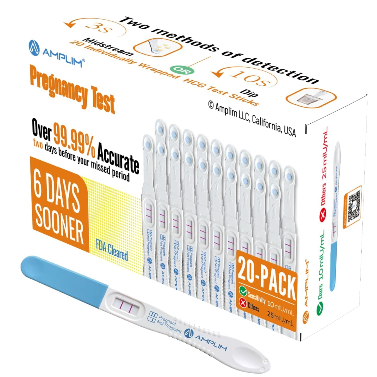Amplim 20-Pack Early Detection Pregnancy Tests – 99.99% Accurate, 6 Days Sooner, 10 mIU/mL HCG