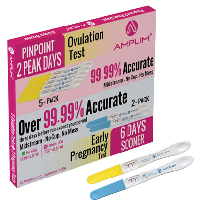 Amplim Pregnancy Test and Ovulation Tests Kit, 7 Pack Bulk Early Detection HCG & LH Sticks, 99.99% Accurate at Home Predictor 6 Days Early Result, Extra Sensitive Fertility Tracker - FDA Cleared