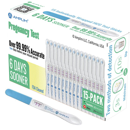 Amplim Early Detection Pregnancy Test Sticks 15 Pack – 99.99% Accurate, 10 mIU/mL HCG, FDA Cleared, 6 Days Sooner