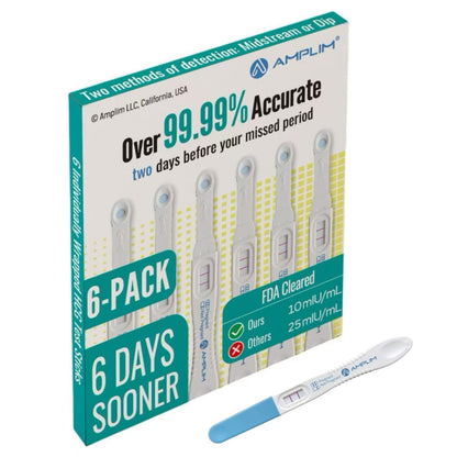 Amplim Early Detection Pregnancy Test, 6 Count – 99.99% Accurate, Ultra-Sensitive 10 mIU/mL HCG, Detects 6 Days Early, Midstream or Dip