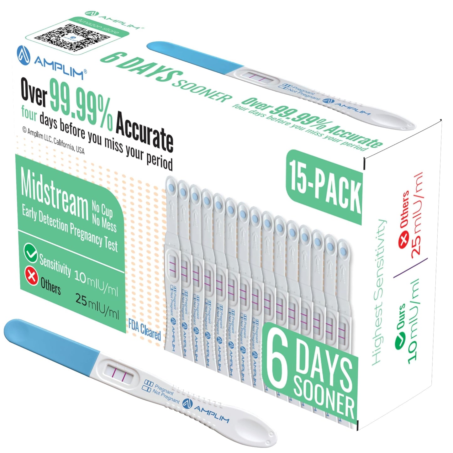Amplim Early Detection Pregnancy Test, 15 Count – 99.99% Accurate, 10 mIU/mL HCG Strips