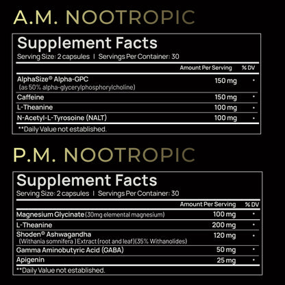 AMPM Nootropic Total Focus + Calm 9X Strength w. Caffeine, L-Theanine, Alpha GPC, L-Tyrosine, Ashwagandha - X-Release Energy Pills Nootropics Brain Support Supplements for Memory and Focus Supplement