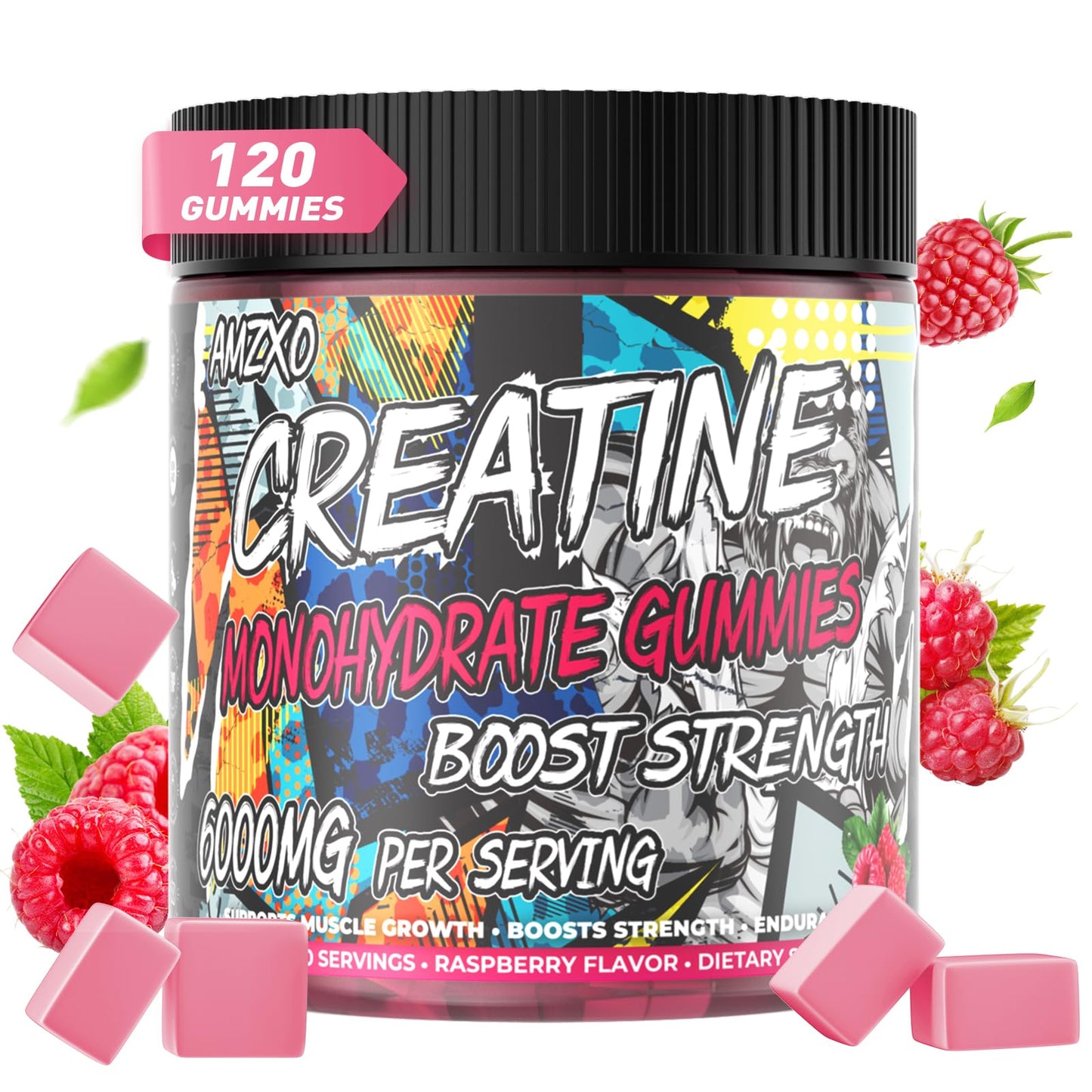 AMZXO Creatine Monohydrate Gummies 6g - Vegan Raspberry | 120 Count