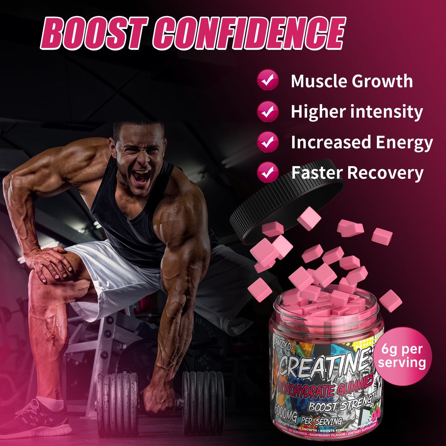 AMZXO Creatine Monohydrate Gummies 6g - Vegan Raspberry | 120 Count
