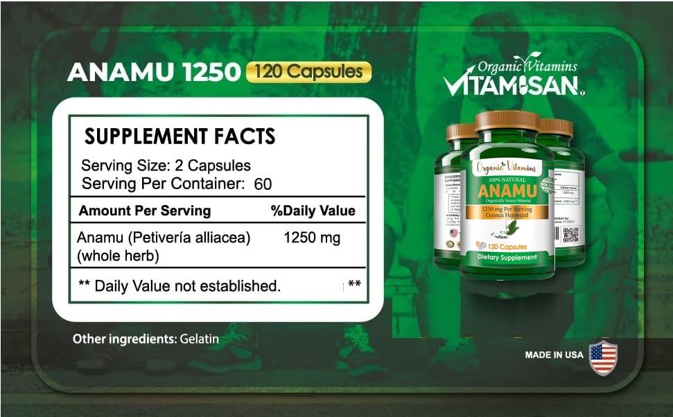 Organic Anamu 1250mg Supplement – 240 Capsules | Vitamisan (Petiveria alliacea)