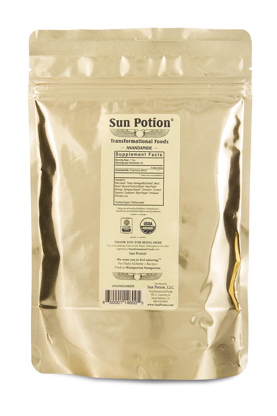 Organic Anandamide 222g by Sun Potion – Raw Cacao Powder, Tonic Herbs & Adaptogens