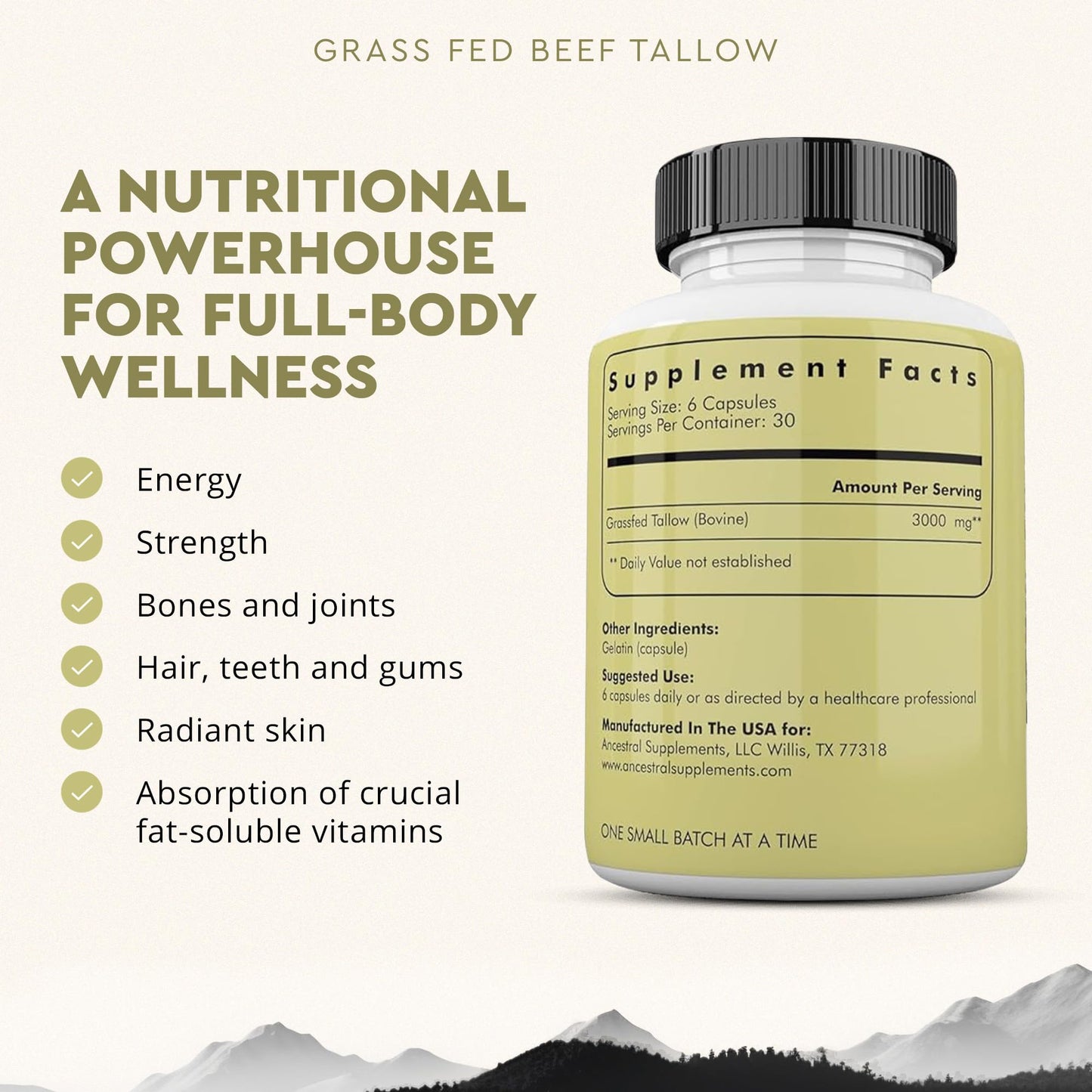 Ancestral Supplements Grass Fed Beef Tallow Capsules 3000mg – Non-GMO | 180 Capsules