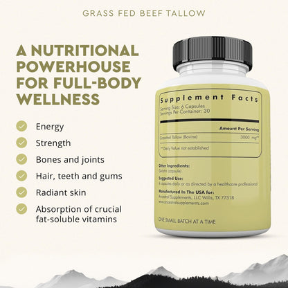 Ancestral Supplements Grass Fed Beef Tallow Capsules 3000mg – Non-GMO | 180 Capsules