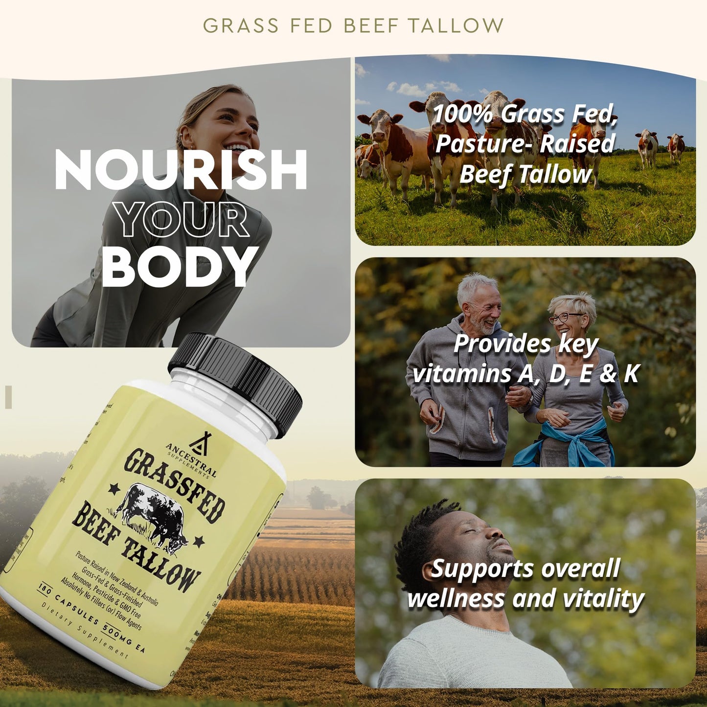 Ancestral Supplements Grass Fed Beef Tallow Capsules 3000mg – Non-GMO | 180 Capsules